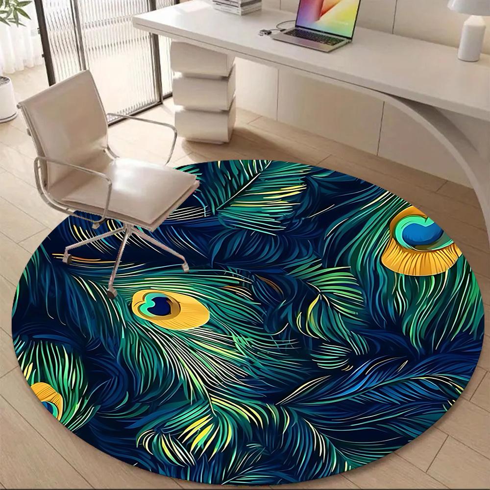 1pc Peacock Feathers Office Round Area Rug, Indoor Mat Suitable ForOffice, Under Office Chairs Bedroom Living Room Home Decor, Room Decot104