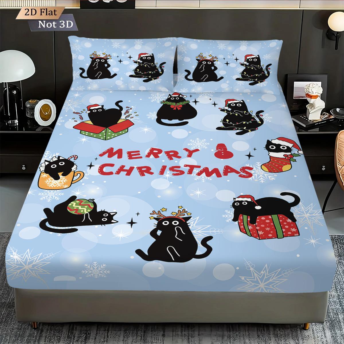 

3pcs Christmas cat print coreless bed sheet set multiple size bedcover bedroom bedding holiday decorations soft machine washable 120x200cm