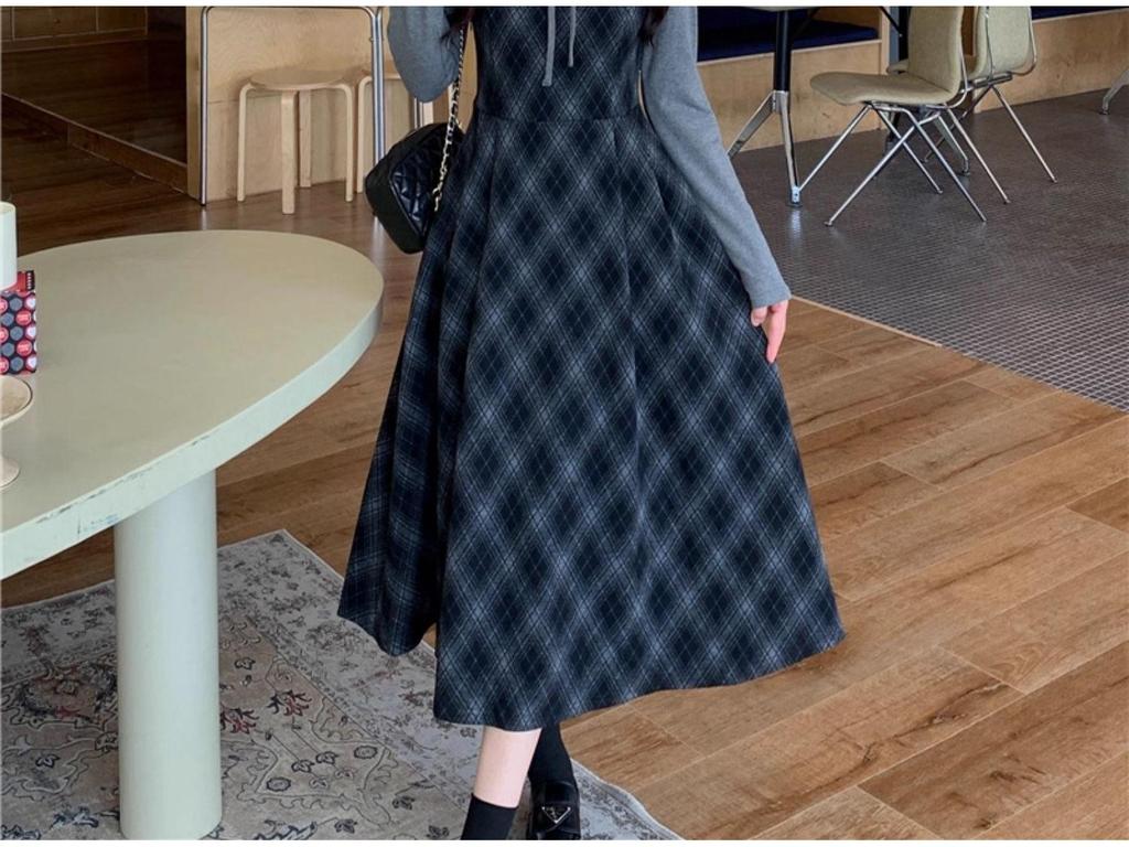 Plus Size Plaid Two-Piece Look Dress - Spring 2026 Slimming Long-Sleeved Waist-Cinched Skirt for Women