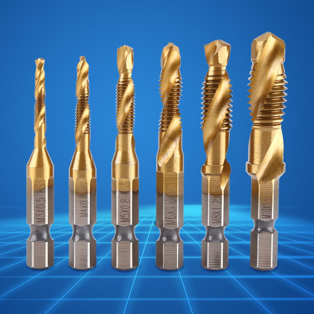 6pcs Metric Thread M3 M10 Titanium Coated HSS Drill and Tap Bits 1 4  Hex Shank