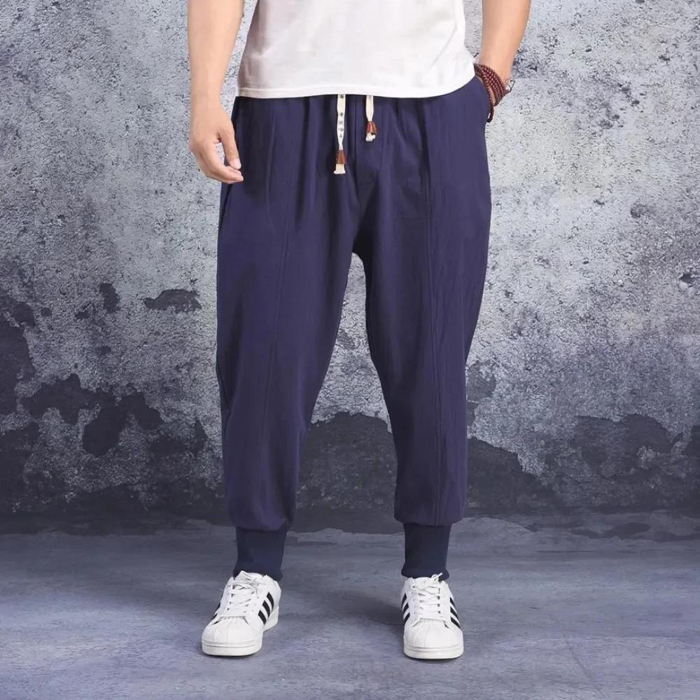 Herren Haremshose aus Baumwolle und Leinen mit elastischer Taille, einfarbig, Streetwear, Jogger, Baggy, tiefer Schritt, männliche Freizeitmode