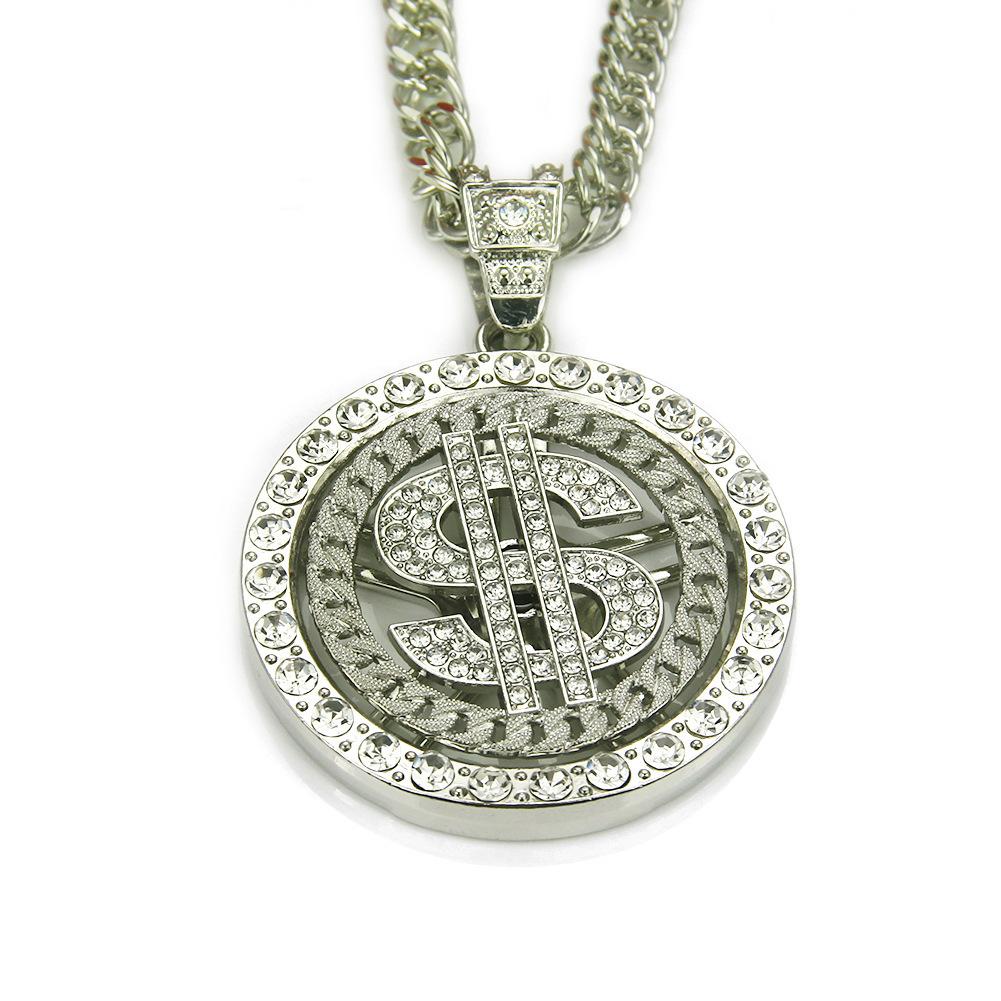 Diamond-encrusted Dollar Rotating Pendant Necklace, Nightclub Clubbing Accessories, Popular Hip-hop Personality Trendy Necklace In Europe and America