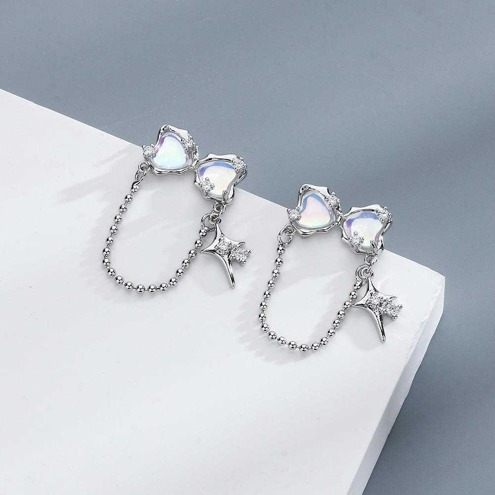Bow Moonstone Stud Earrings Light Luxury Cold Wind Star Light Love Zircon Fringed Earrings Temperament Celebrity Show Face Thin