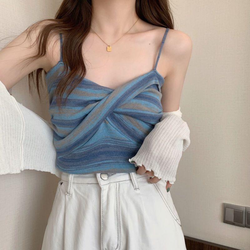 Colorful Striped Camisole for Women Female's Backless Slim Fit Vests Summer Sexy Style Short Chic Wearing Outside Tops
