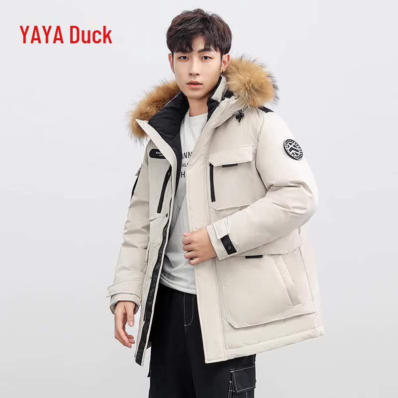 Yaya Men s Mid-Length Hooded Down Jacket with Detachable Fur Collar L
