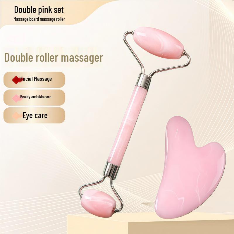 Rose Quartz Heart-Shaped Double-Headed Facial & Body Roller and Gua Sha Massage Set