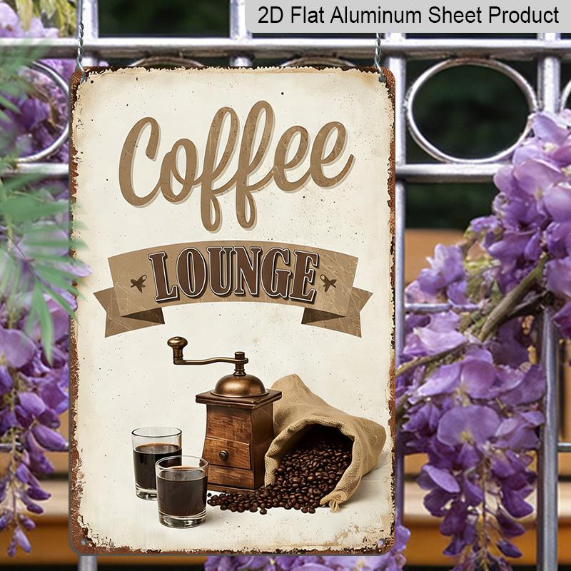 2D Flat 8*12inch Aluminum Sign and Plaque, Retro Coffee Lounge Decorative Aluminum Plate with Coffee Bean Grinder and Cup Design, Suitable for Cafes