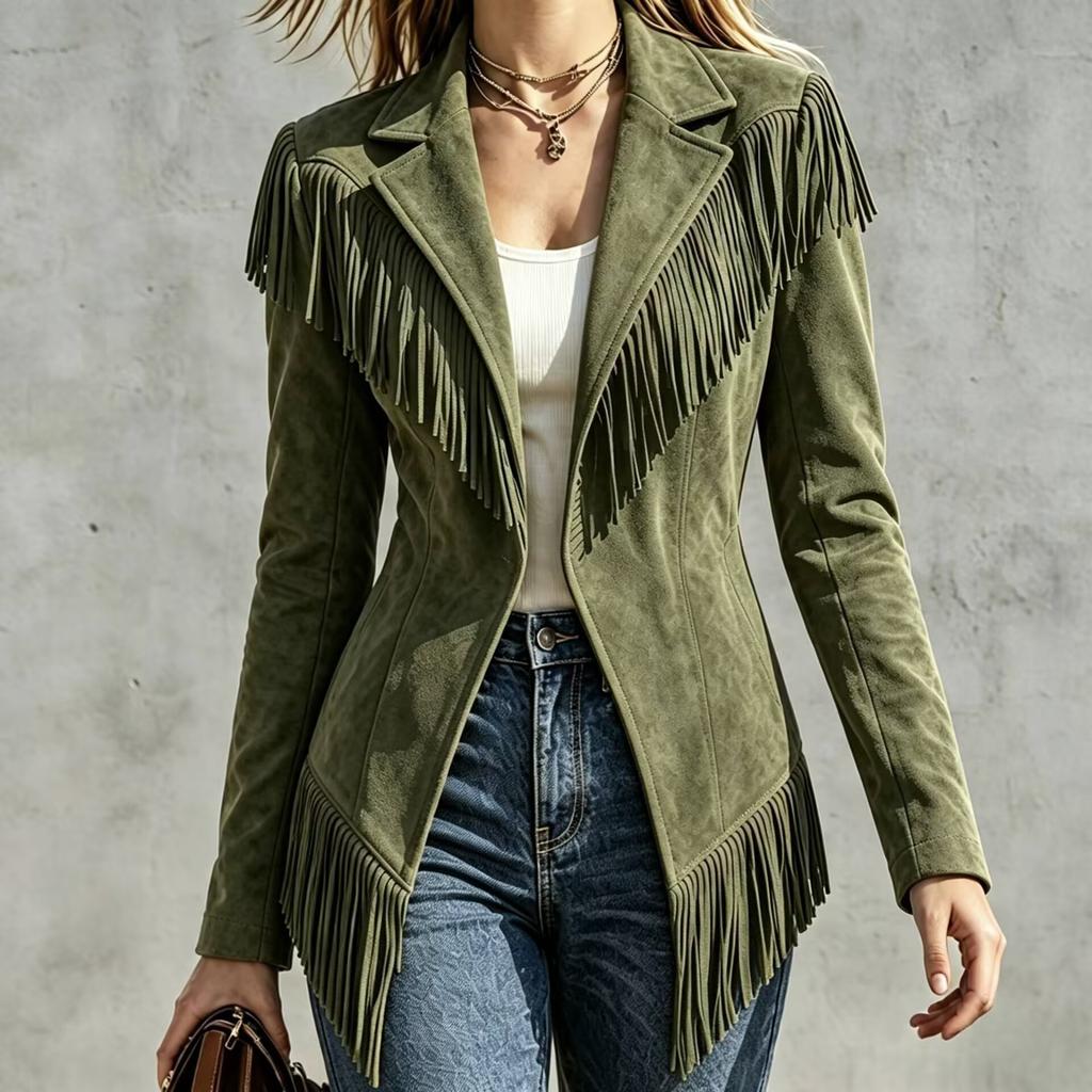 Women S Vintage Western Style Suede Fringe Long Sleeve Jacket