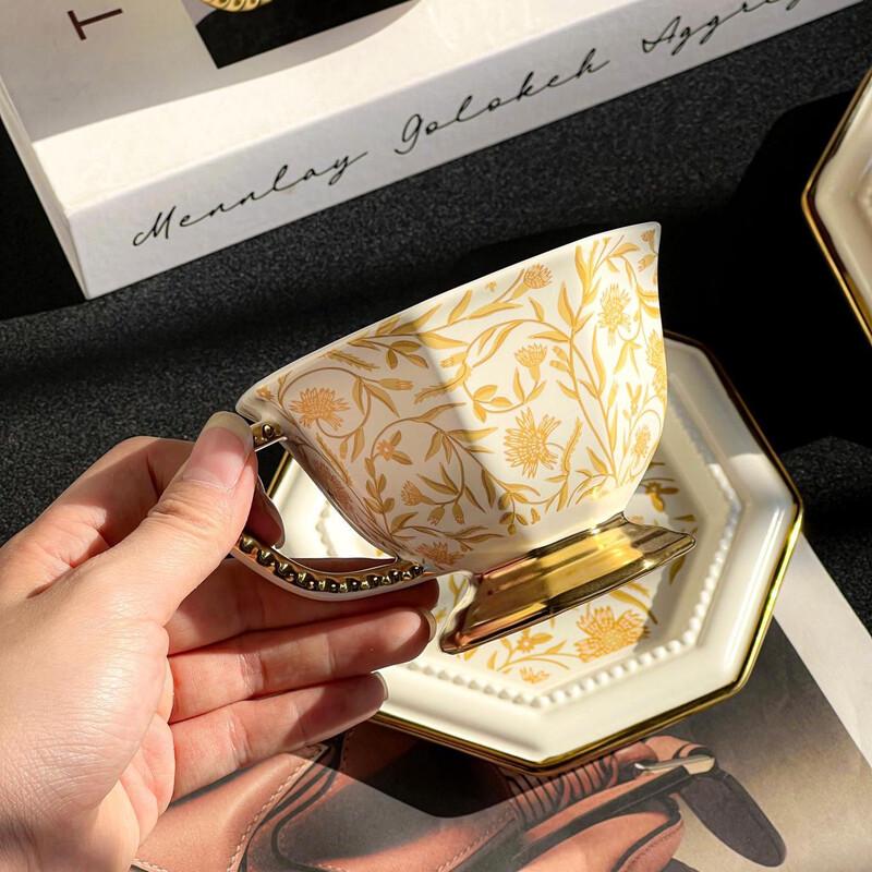 Vintage Gilded Mandala Octagonal Ceramic Coffee Cup & Saucer Set