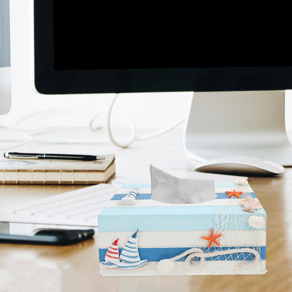 1pc Mediterranean Decorative Tissue Box Wooden Craft Storage Organizer For Home Bedroom Office Desktop Streaked Lighthouse