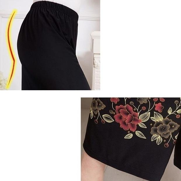 Women Summer Thin Pants Big Size Loose Elastic Waist Simple Cropped Pants High Waist Wide Leg Floral Printed Mothers' Casual Straight Pants