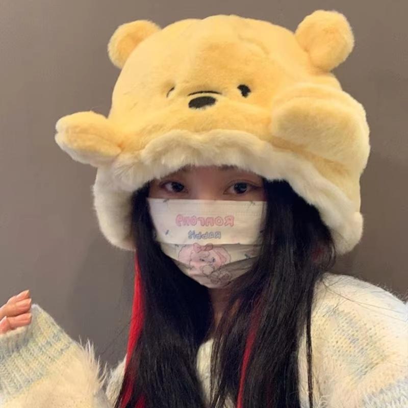New Cute Winnie The Poo Cap With Velvet Hoodie Mickey And Minnie Mouse Plush Hat Winter Warm Ear Protection Cold Proof Hat Gift
