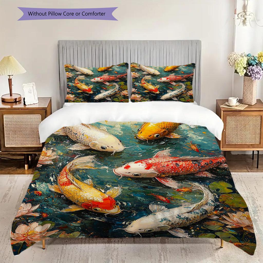 Koi Fish Pattern Bedding Quilt Set Quilt Cover Pillowcase Home Decoration Birthday Gift (1 * duvet cover + 2 * pillowcase, without core)