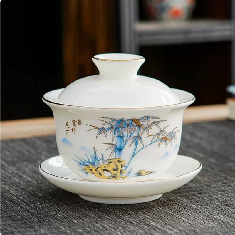 

120ml Hand-painted White Porcelain Gaiwan High-quality Mutton Fat Jade Porcelain Teacup Portable Ceramic Teaware Tea Infuser 10X8.5CM 120ML