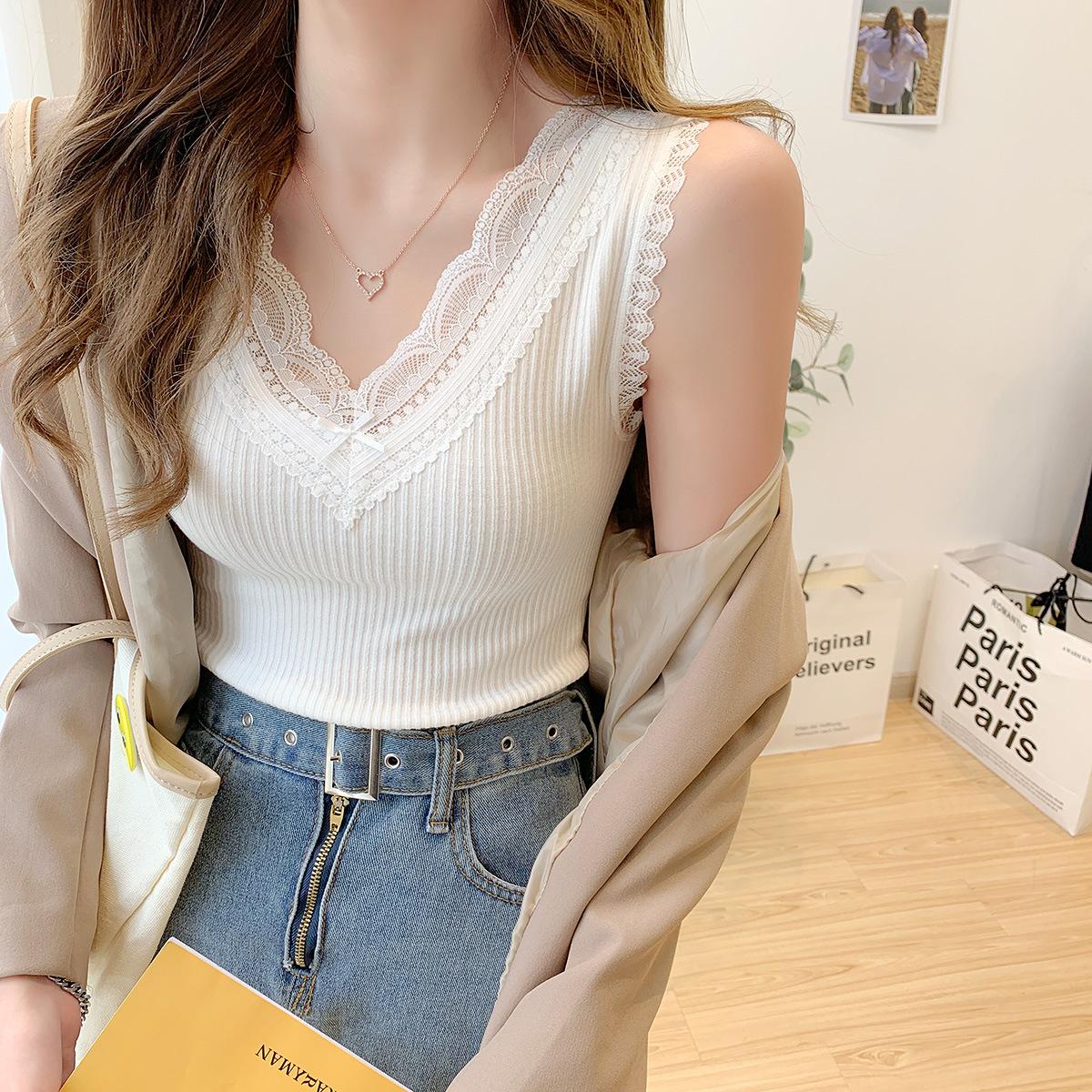 

Женский летний кружевной вязаный жилет с v-образным вырезом, топы без рукавов, тонкая рубашка из ледяного шелка, однотонная верхняя одежда One Size белый