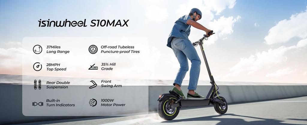 isinwheel S10 MAX Electric Scooter - 1000W Motor, 60KM Range, 10" Off-Road Tires, Dual Suspension for Powerful Commuting