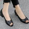Fashion Leather Summer 2024 Outdoor Open Toe Thick Heel for Office Work Ladies Shoes Footwear with Medium Heels Black Sandals Women Sale