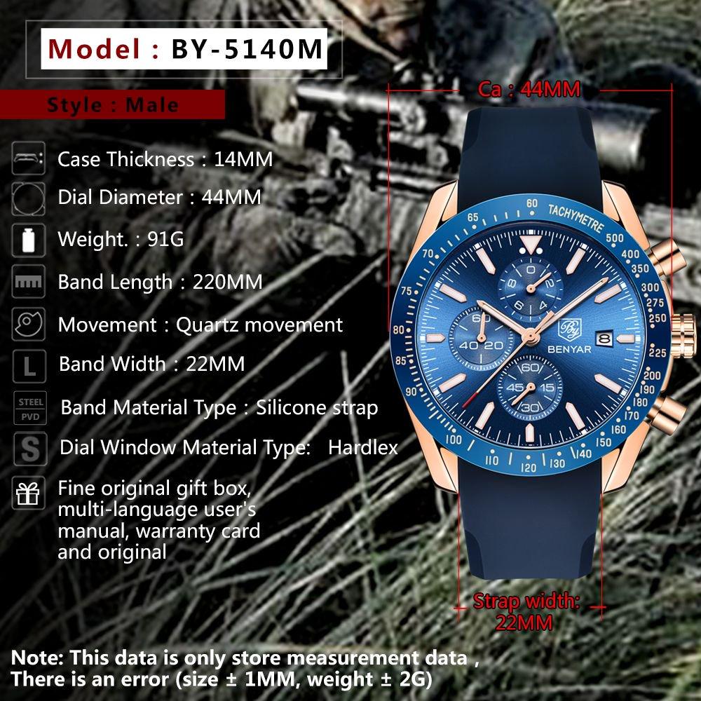 BENYAR BY-5140 Men's Quartz Watch Alloy Case Silicone Strap Fashion Casual 3Bar Waterproof Sports Watch Clock Relogio Masculino