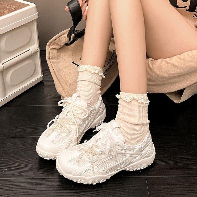 

Летний Новый Цвет Дышащая Мягкая Подошва Удобная Женская Обувь Полумесяц Стелька Высота Шнуровка Жемчуг Повседневные Кроссовки 36