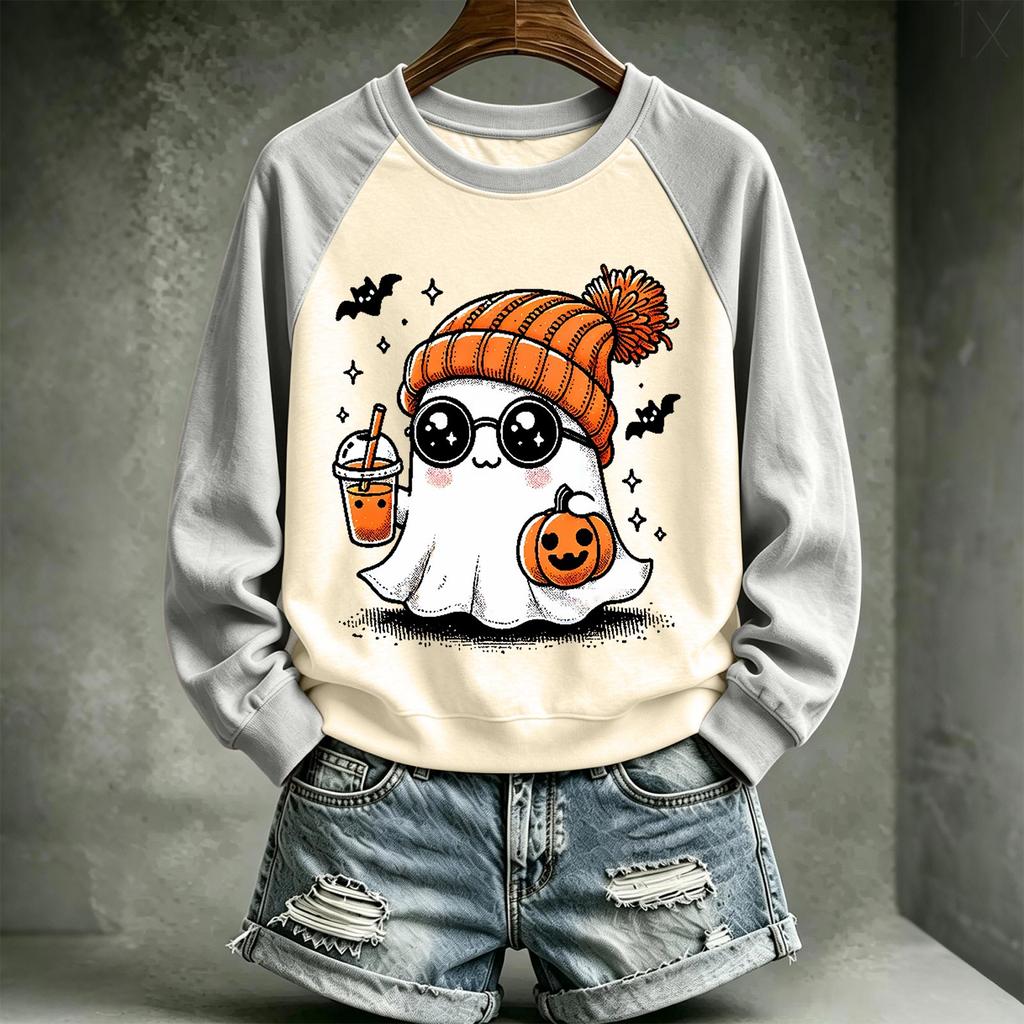 Women's Halloween Printed Neck Sweatshirt Casual Pullover Top