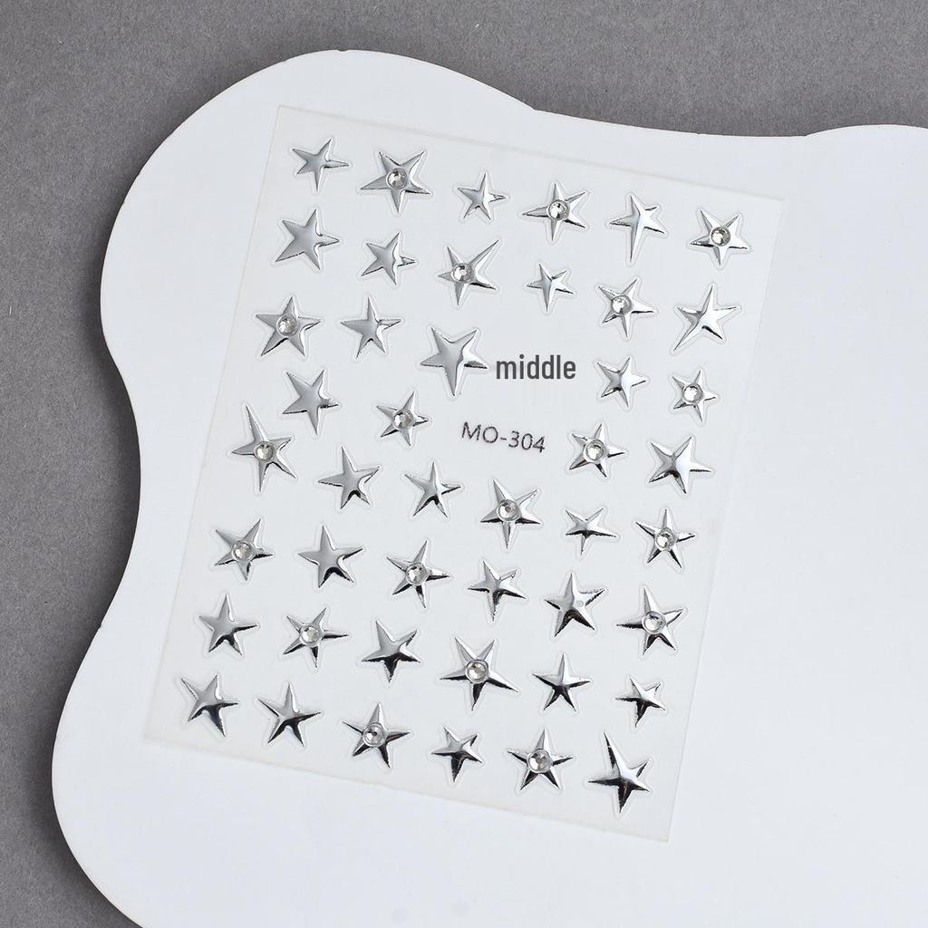 Alien Crystal Rhinestone Nail Stickers: Gold, Silver & Black Stars with Irregular Pentagram Decals
