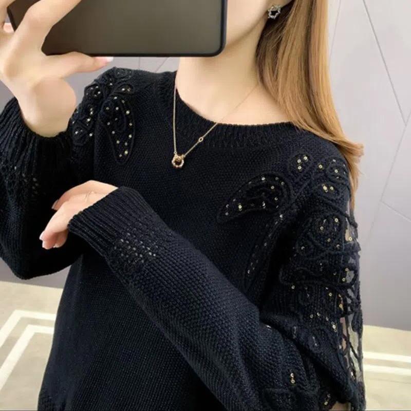 

Полый кружевной вязаный свитер, женский весенне-осенний свободный низ с длинными рукавами, элегантная верхняя одежда, топ XXXL чёрный