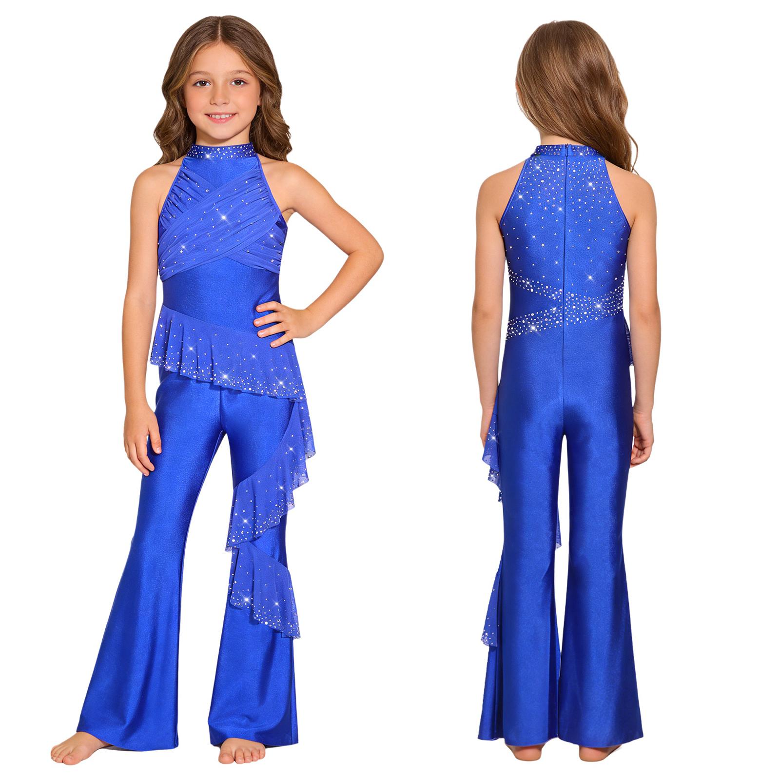

Girls Sparkling Rhinestones Dance Jumpsuit: Sleeveless Ruched Mesh Ruffles Bell-Bottom Bodysuit for Stage Performance 5-6 Years