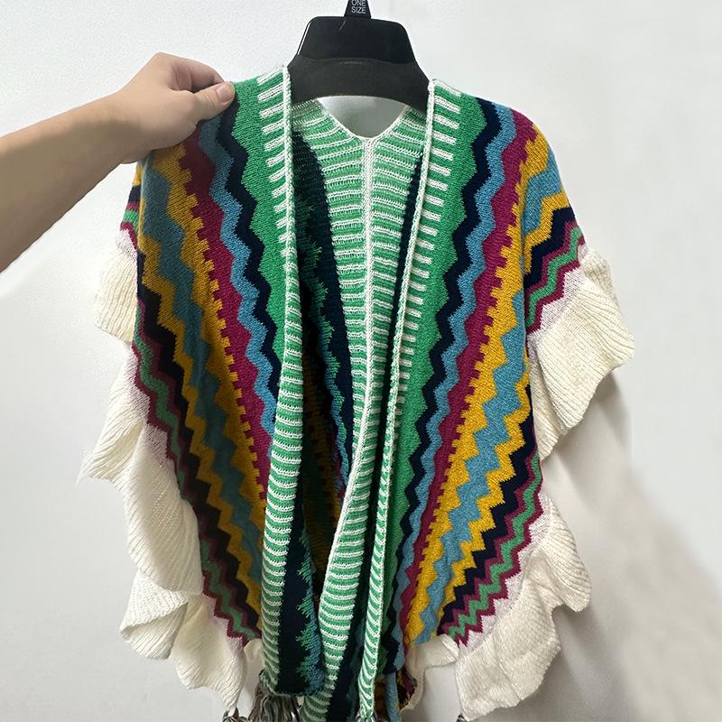 Manufacturer's New Ethnic Style Ruffled Knit Shawl: Xinjiang Stripe, Sichuan-West Travel, Thick and Warm