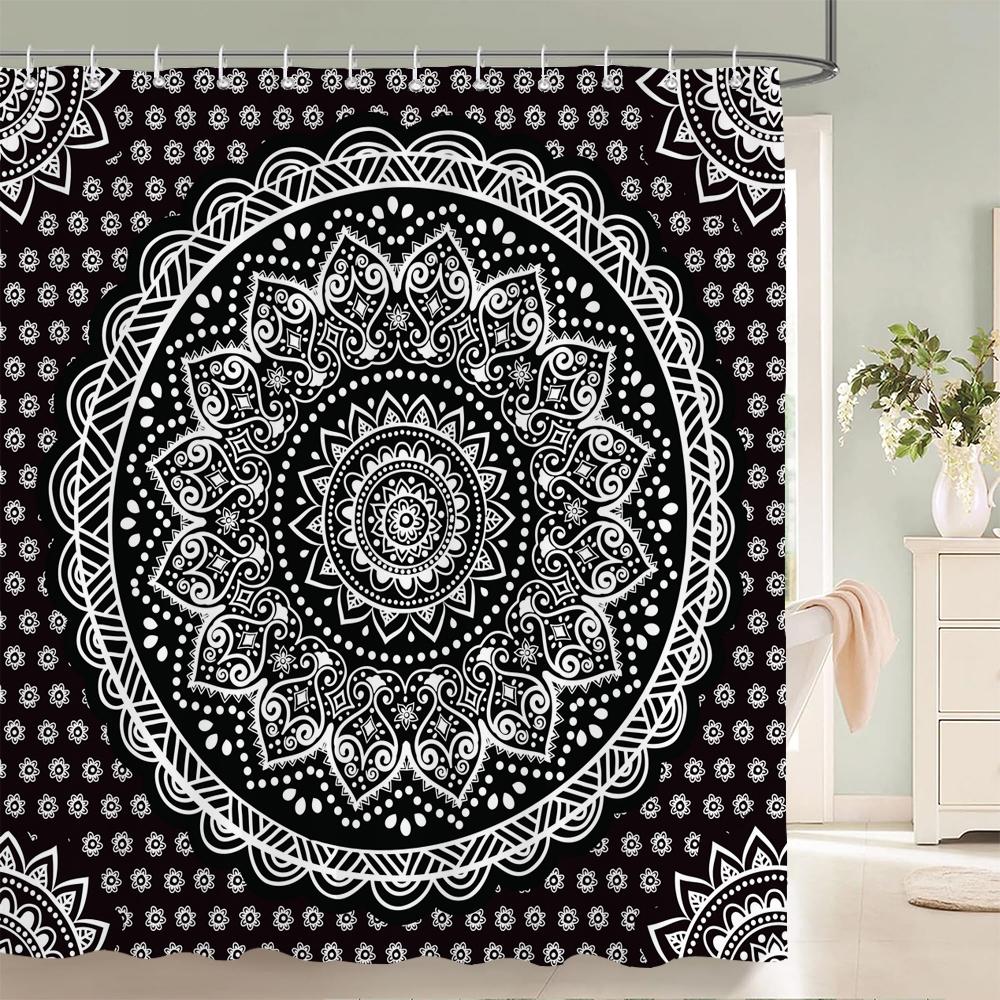 Duschvorhänge im Bohème-Stil Mandala Boho Blumen- und Pflanzendruck Badezimmervorhänge Wasserdichter Polyester Duschvorhang