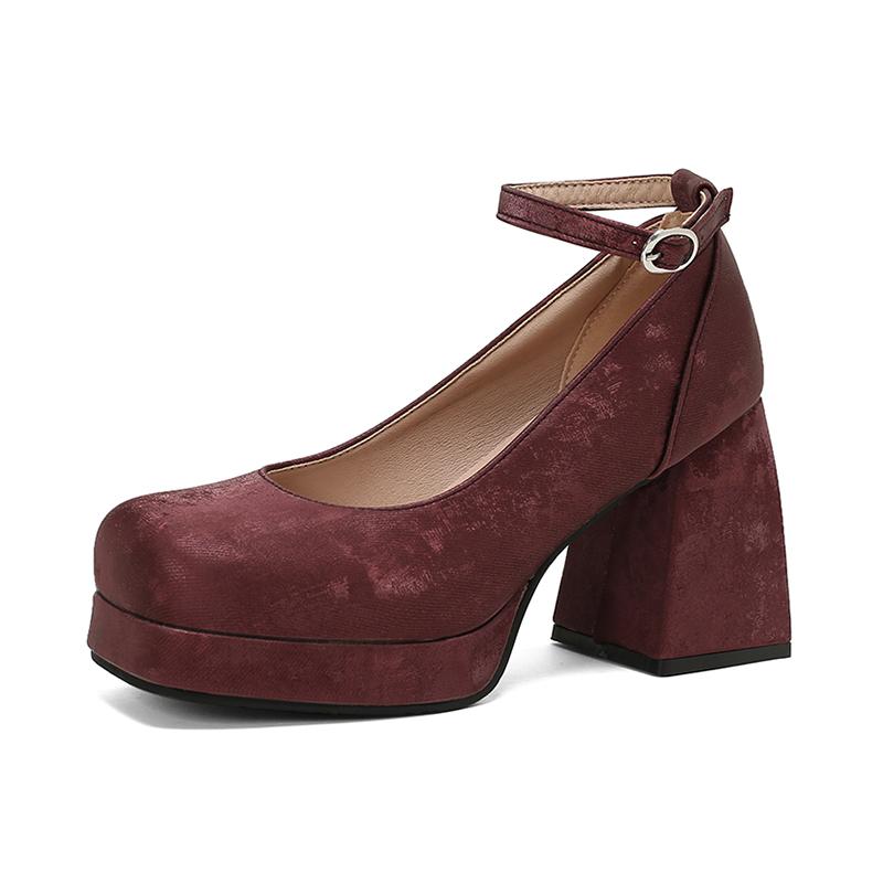 

Туфли Мэри Джейн из замши большого размера с квадратным носком, экстравысоким и толстым каблуком, с ремешком на щиколотке, женские туфли на высоком каблуке 46 вино красного