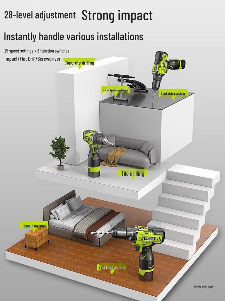 Rechargeable Lithium Ion Handheld Impact Drill: Cordless Electric Screwdriver & Small Hole Driller