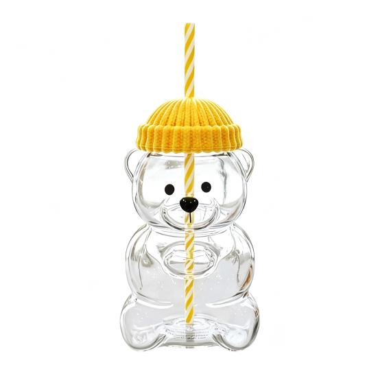 

Bear Shape Sippy Cup with Straw Lid 500ml Heat-Resistant Glass Tumbler Reusable Cold Cup for Iced Coffee Milk Tea Juice жовтий