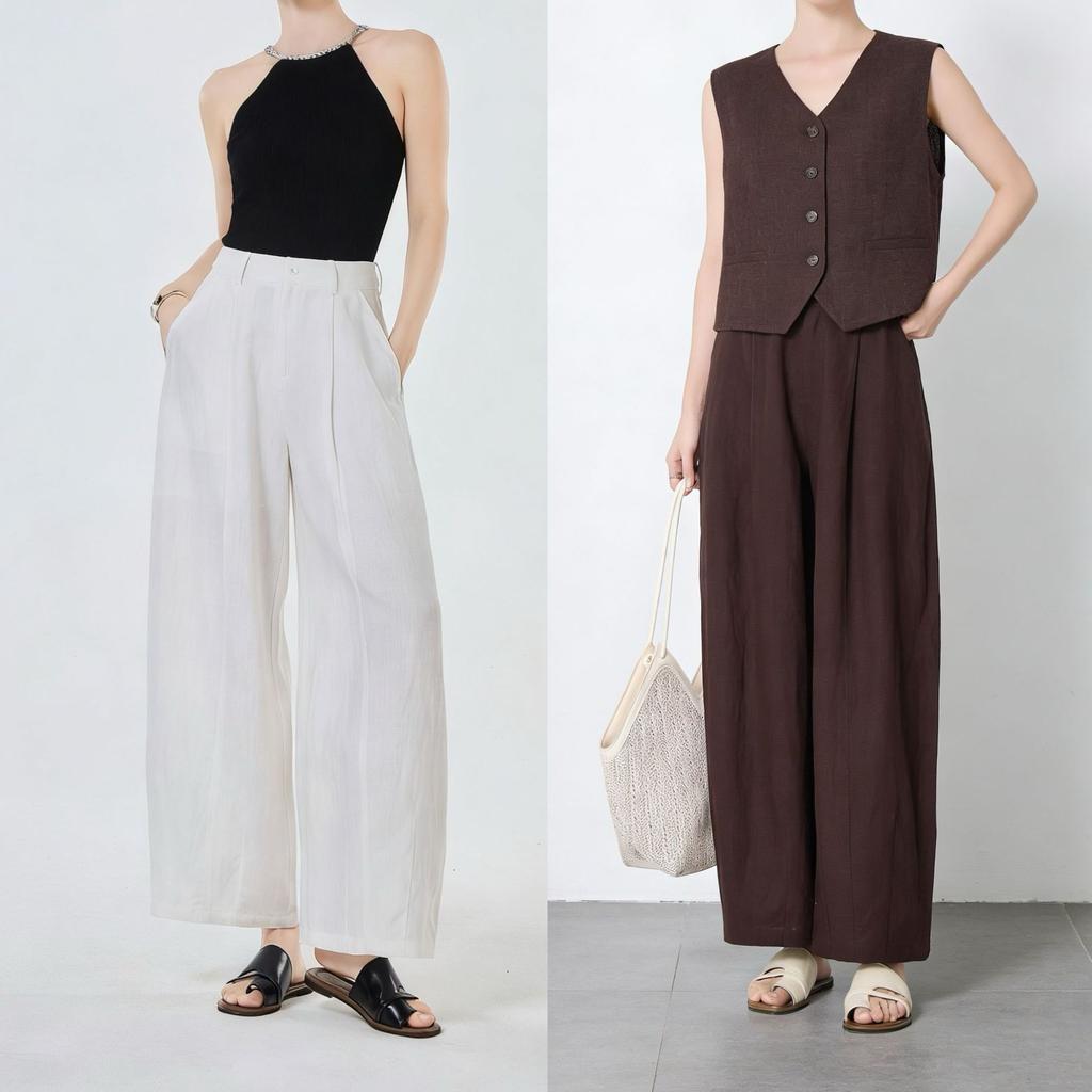 Women's High Waist Lyocell Linen Cropped Wide Leg Pants Zero Stretch Lightweight Washed Old Money Style Breathable Summer Banana Casual Trousers
