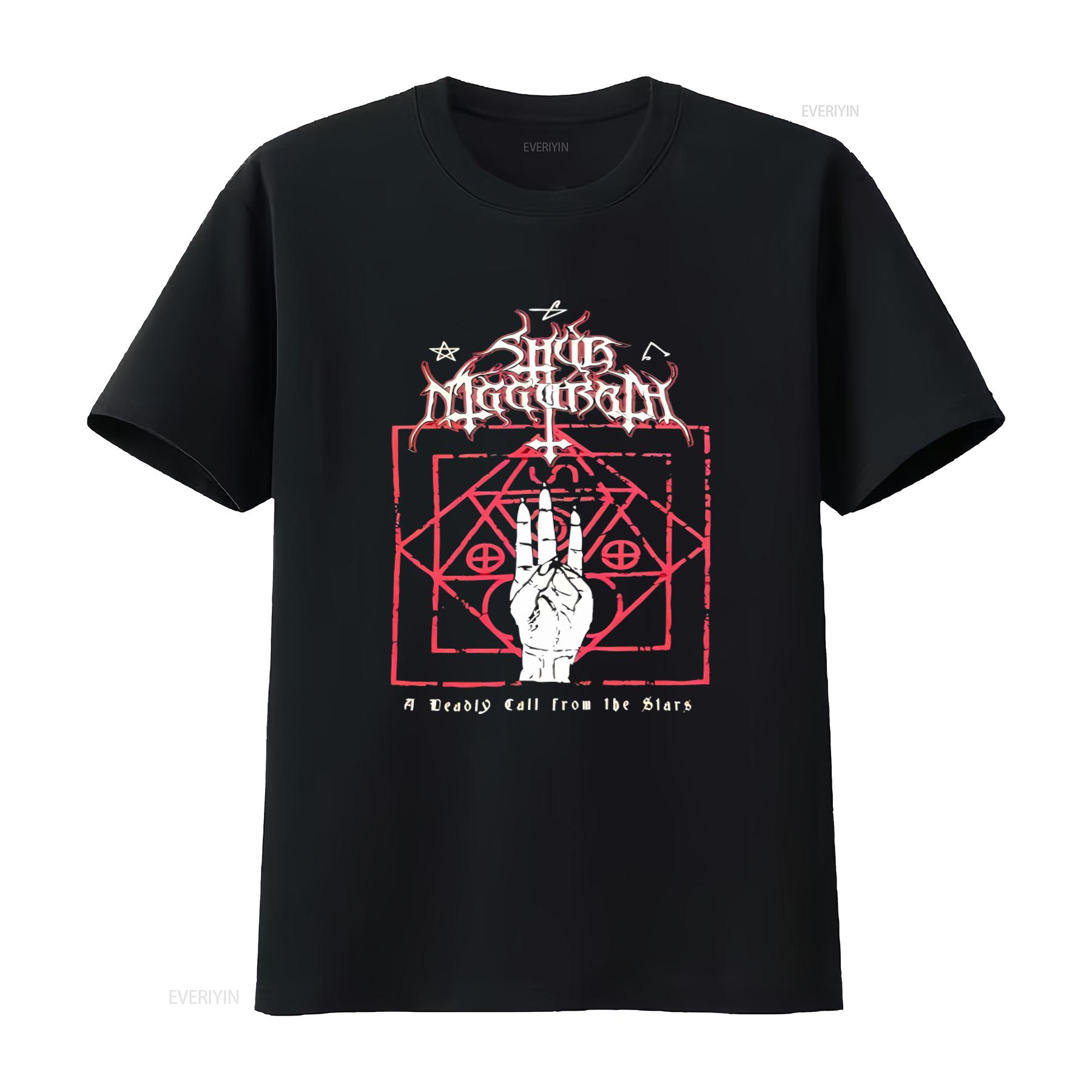 

SHUB NIGGURATH A Deadly Call from the Stars Gothic T Shirt with Pentagram and Hand Gesture Design vintage Washed Stretched 4XL