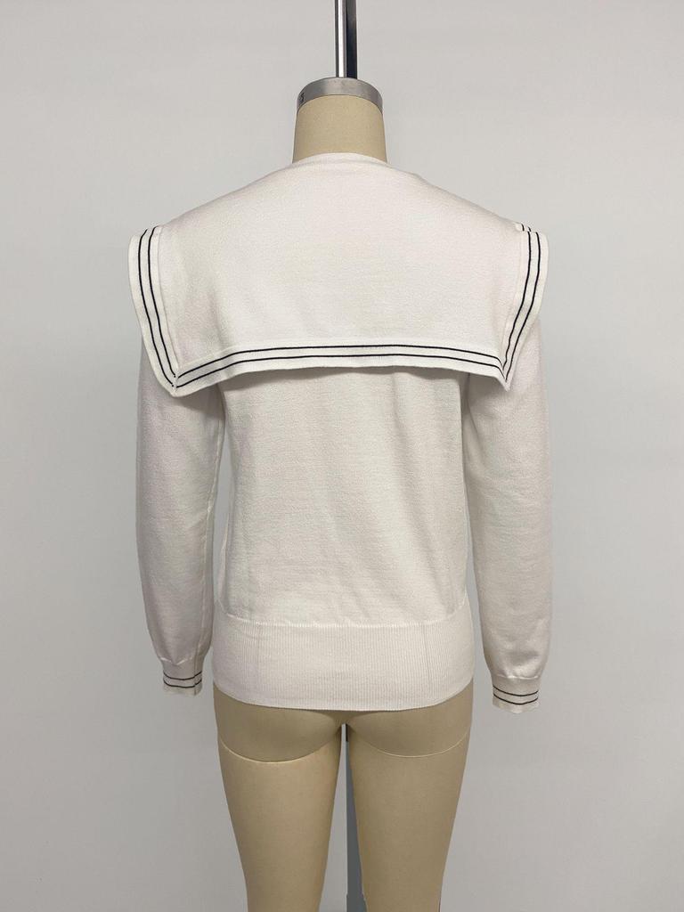 TikTok Europe 2026 Autumn/Winter Women's Sweet Navy Knitwear: Color Block Stripe Lace-up Sweater with Big Lapel