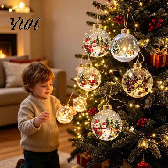 Winter Festival Decor Glowing Christmas Story Ornament, Mini Holiday Scene In Ball Hanging Decoration, Lighted Baubles Light Up Acrylic Clear Pendant