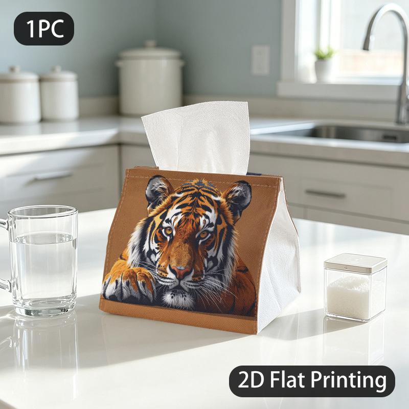 1pc Tiger Print Tissue Box Suitable for Dormitory, & - Realistic Tiger Pattern Tissue Roll Holder, Polyester Tissue Paper Holder for Dorm Room, Storag