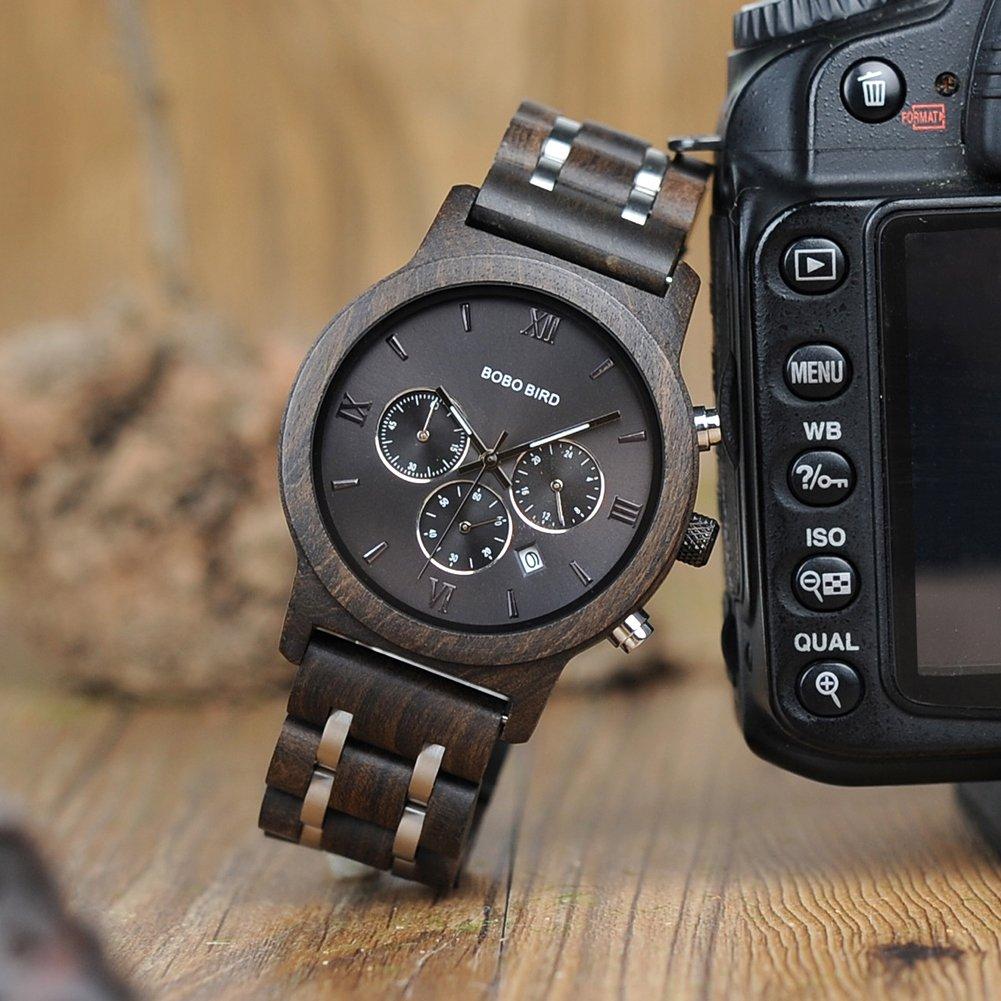 BOBO Bird Men's Wooden Watch with Luxury Wood and Metal Strap, Chronograph, Date Display, Quartz Movement, Versatile Men's Watch, Medium Size, Black