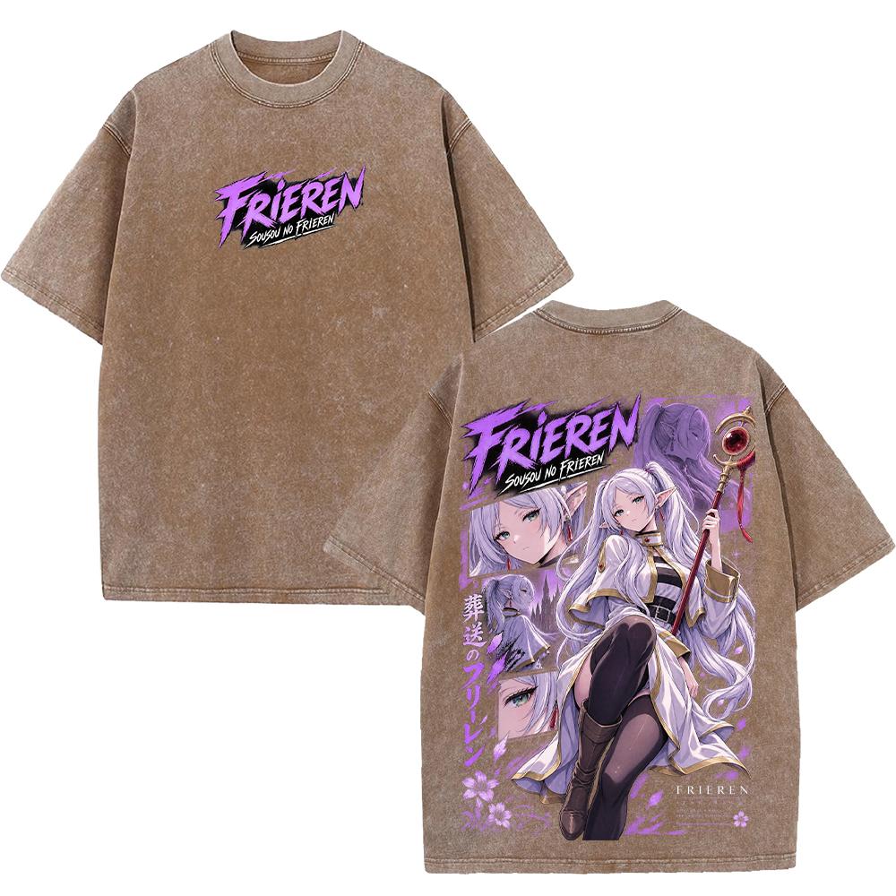Frieren Anime Fashion Retro T Shirt Manga Harajuku Vintage Washed Streetwear Oversized 100% Cotton T-shirt Men Women Tees Tops