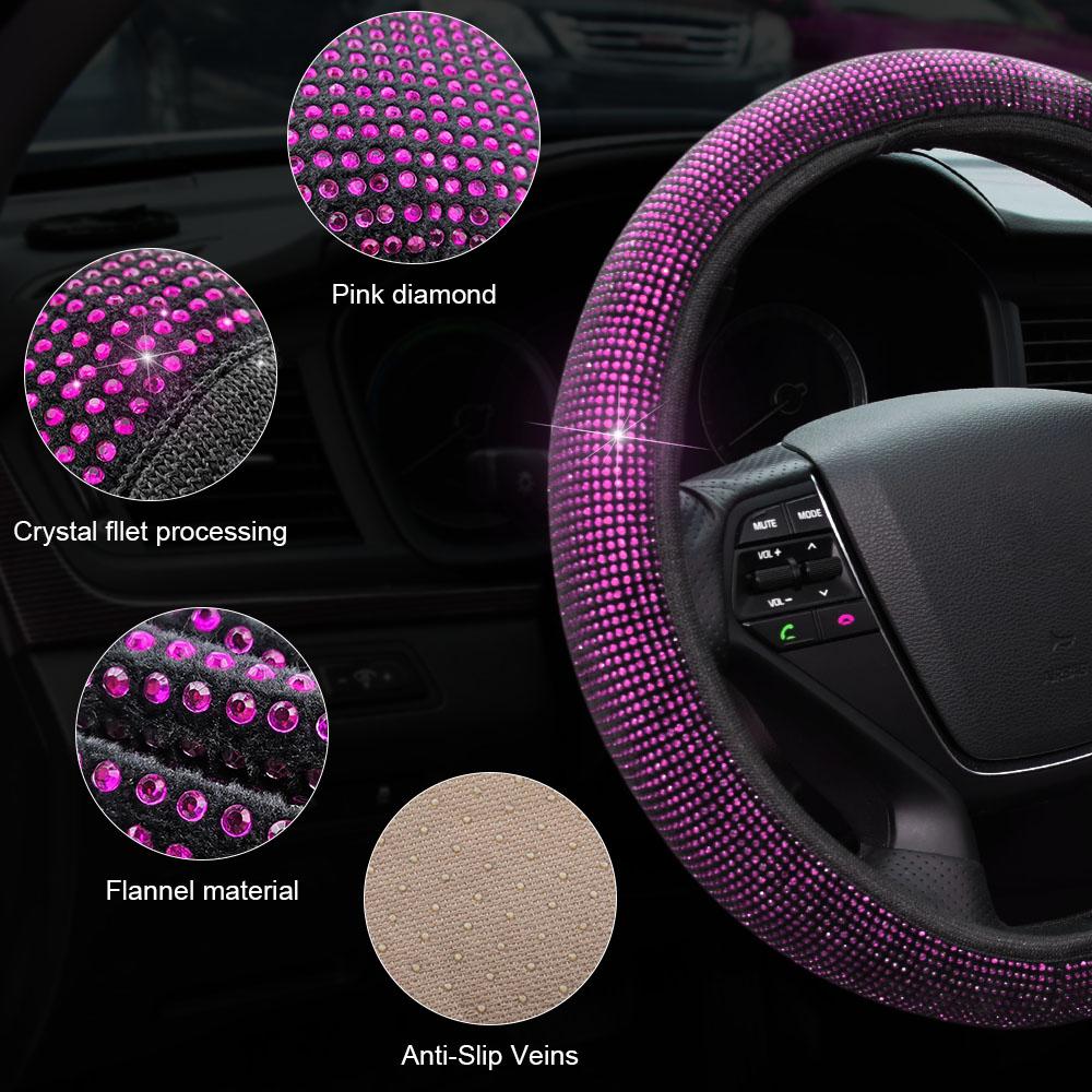 Set Coprivolante Rosa Glitter Per Auto | 3 Pezzi: Volante, Freno A Mano E Cambio | Universale 37-38 Cm | Morbido E Antiscivolo