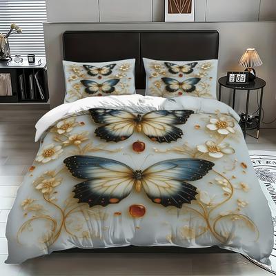 3-teiliges Bettbezug-Set mit floralem Schmetterlingsmuster, 1 Bettbezug + 2 Kissenbezüge, ohne Füllung. Weiches und bequemes Bettwäscheset