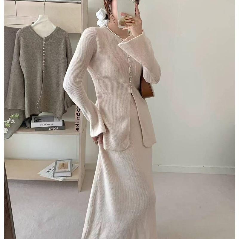 Breasted Design, Horn Sleeves, High-end Sweater, Two-piece Skirt, Autumn and Winter New High-waisted Skirt Knitted Sweater Set