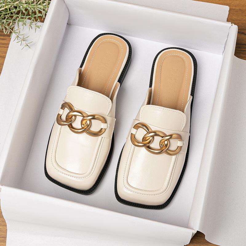 Fashion 2025 Metal Chain Mules Women Mixed Color Shoes Summer Ladies Cover Square Toe Slides Low Heels Sandals Femmes Barefoot Pantuflas