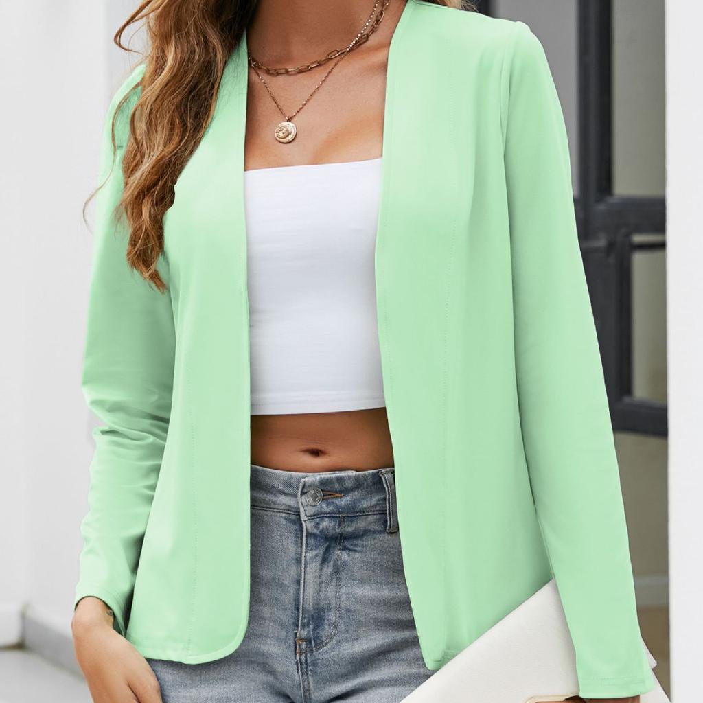 Women's Casual Open Front Blazer Jacket Long Sleeve Solid Color Lapel-less Slim Fit Lightweight Office Cardigan Outerwear for Ladies