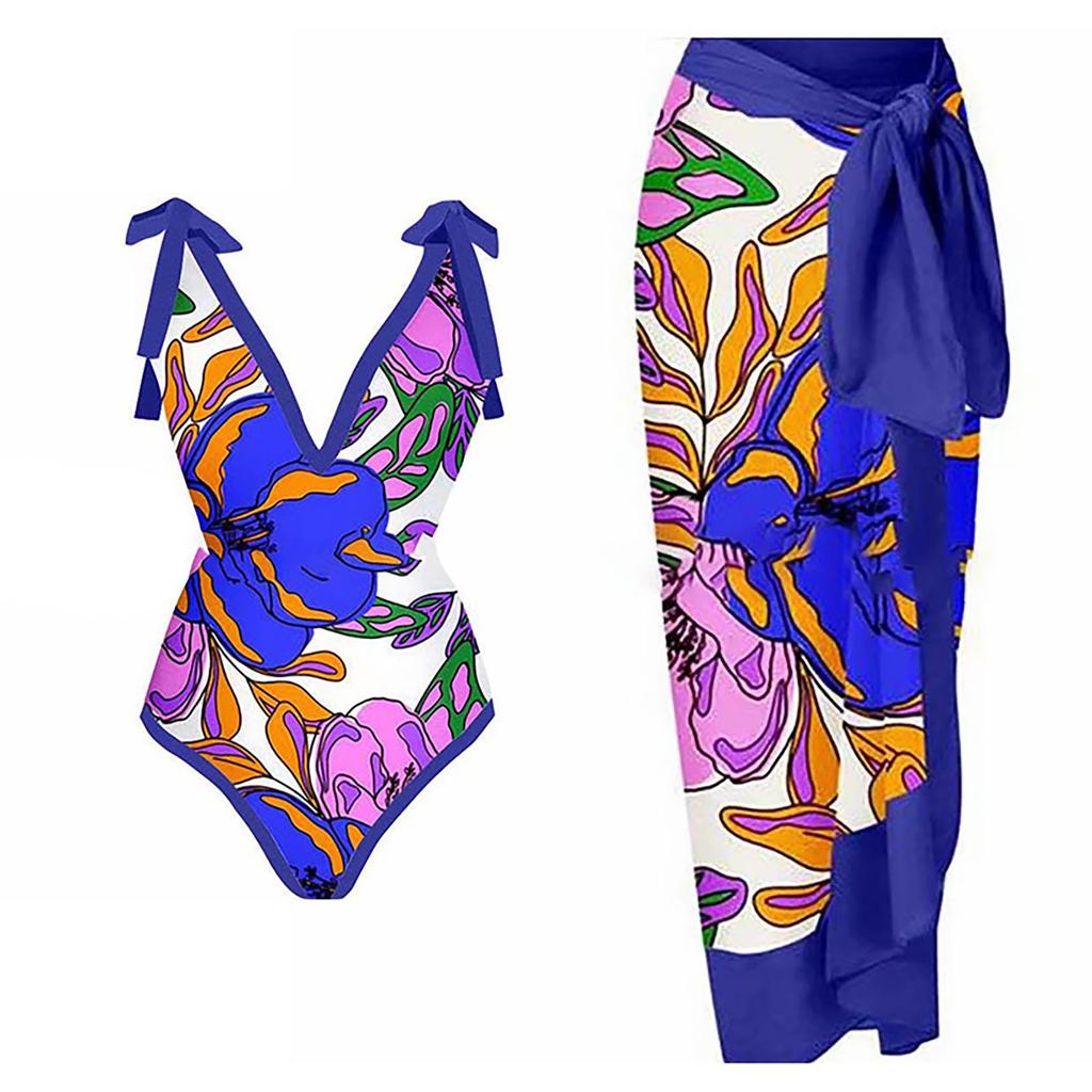 Women's Fashion Sexy Printed V Neck Bandage Strap Backless Beachwear Skirt Monokini Bikini Swimsuit 2 Piece Swimsuit