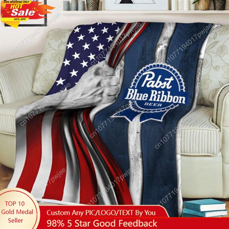 Pabst Blue Ribbon Beer Fleece Blanket Pabst Blue Ribbon Merch Throw Blanket Space Gift For Fan Warm Winter TCustom blankets 75X95CM