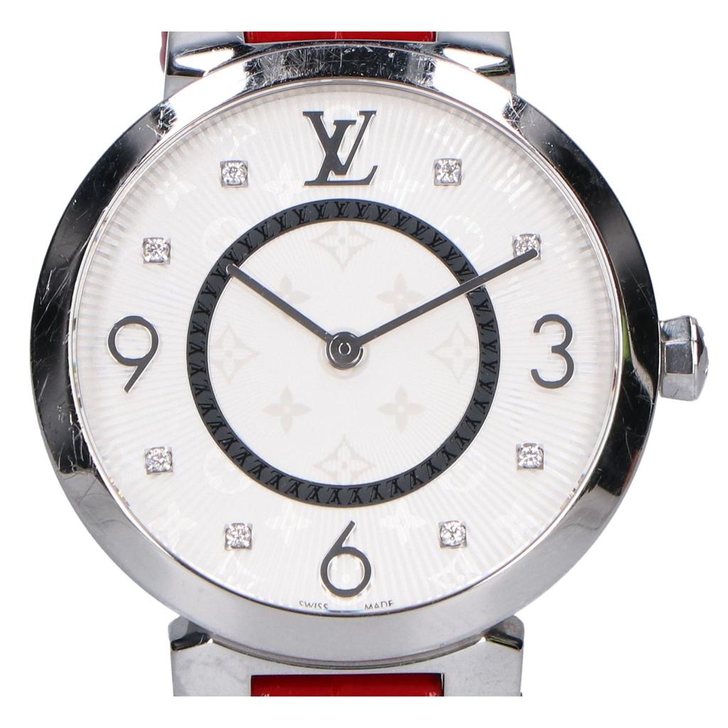 LOUIS VUITTON Q13MJ Tambour Slim Monogram Dial 8P Diamond Quartz Watches Red alligator beltUsed