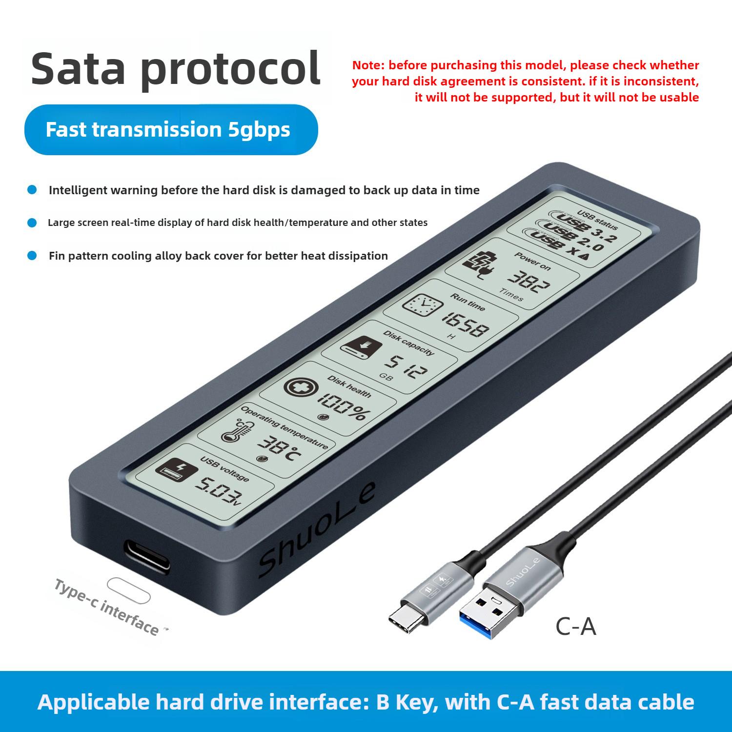

M2 SSD Case SATA Protocol SSD Enclosure 5Gbps with Display Screen Intelligent Digital USB3.2 Type C Disk Box with AC Cable
