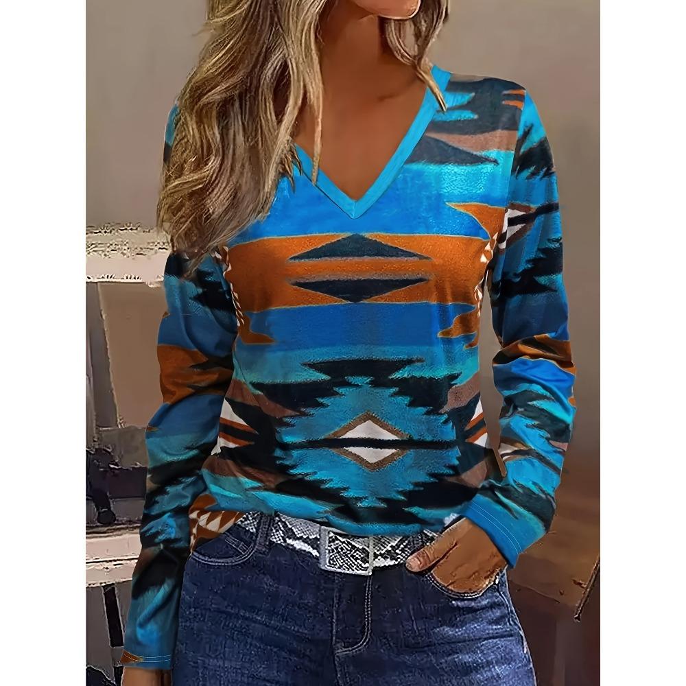 

Ladies Casual V-neck Long Sleeved Geometric Printed Contrasting T-shirt S