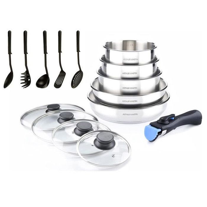 

AM5535 : Batterie de Cuisine 15 Pièces Arthur Martin Poêles et Casseroles en Acier Inoxydable avec Accessoires, Intérieur Miroir
